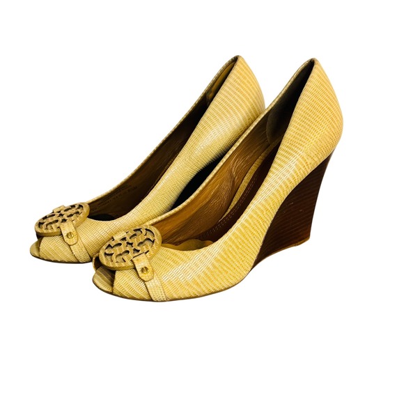 Tory Burch Shoes - Tory Burch Beige Tan Lizard Embossed Leather Peep Toe Wedge Pumps Logo 8.5M